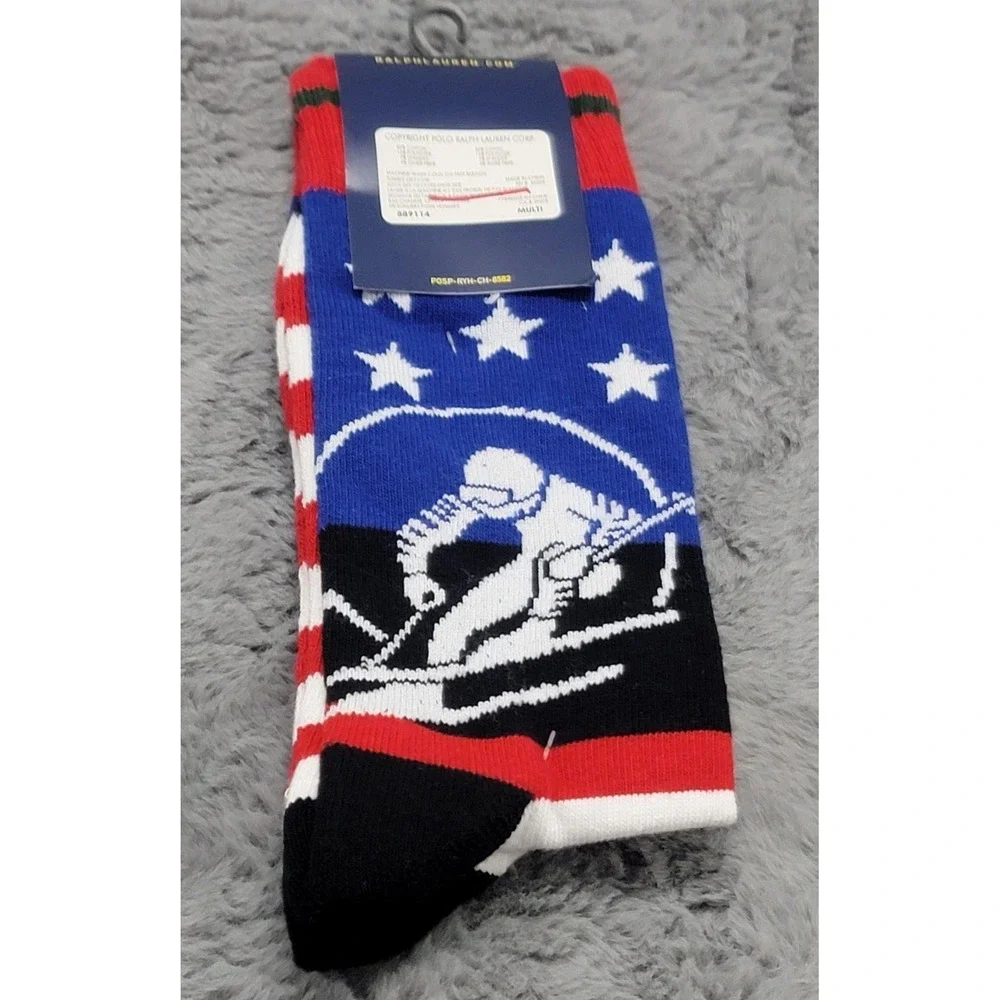 Polo Ralph Lauren Socks Mens 10-13 Multicolor Suicide Ski Stars Stripes Mid Calf